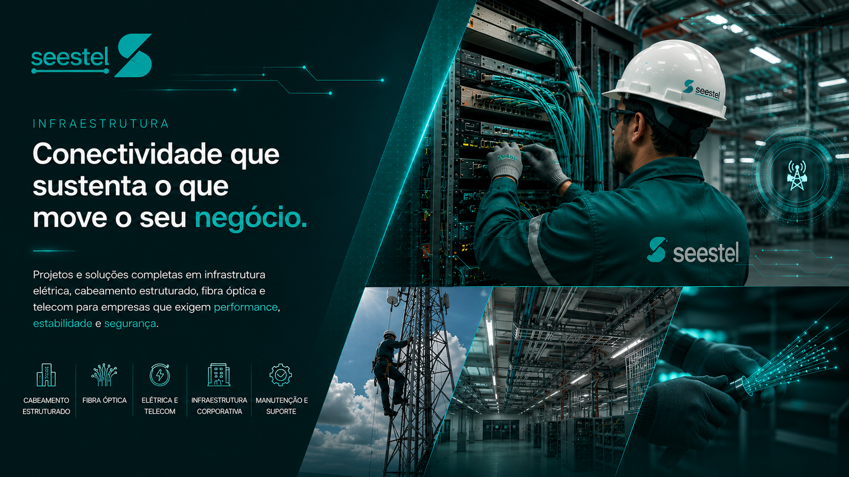 Data center corporativo com cabeamento estruturado e fibra óptica