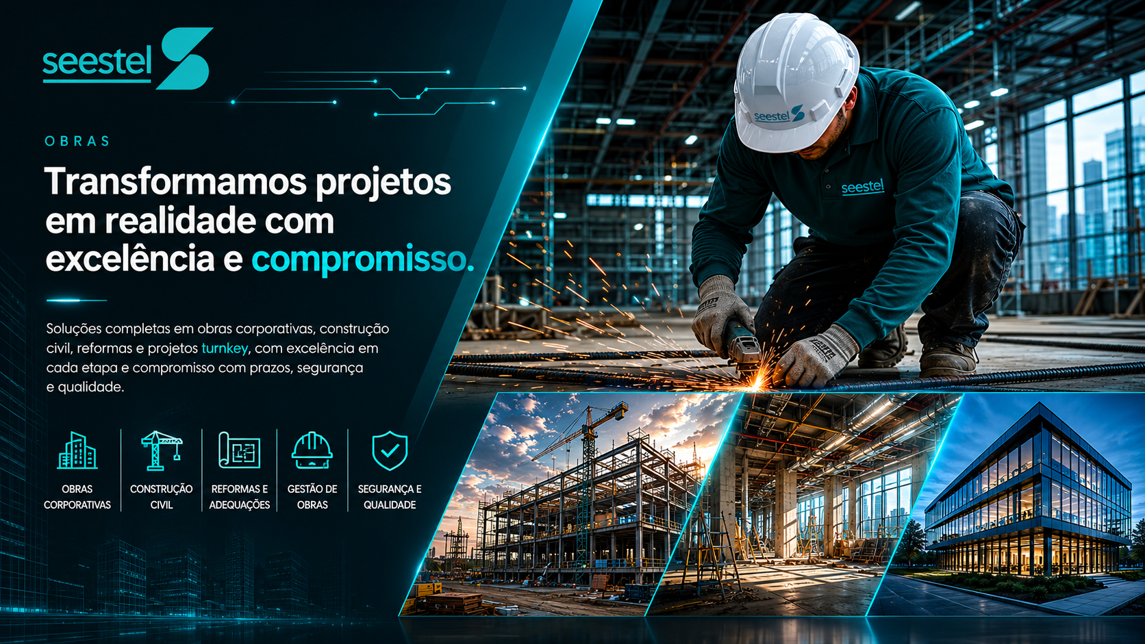 Reforma corporativa de novo escritório com infraestrutura sendo instalada